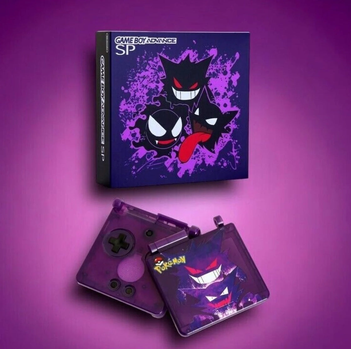 PREMIUM Game Boy Advance SP-Carcasa y caja personalizada, pantalla IPS retroiluminada-Gengar